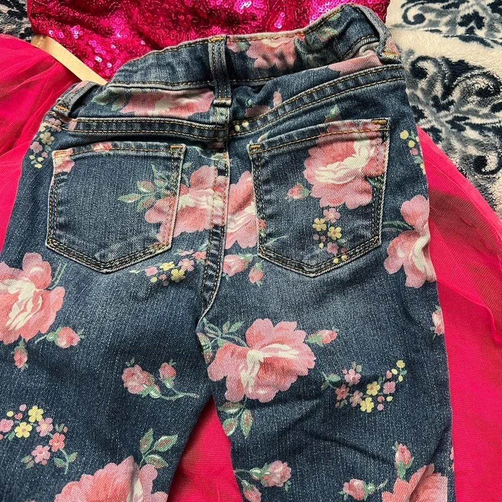 Oshkosh Long Sleeve Shirt Little Girls Sz 5/6 Pink Dress Roses Denim Jean Lot